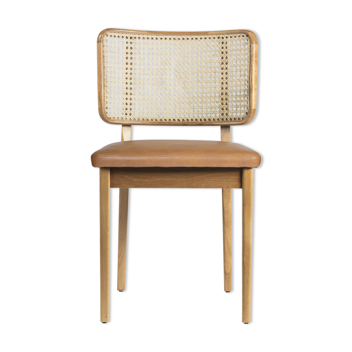Chaise cannage bois clair cuir tabac