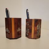 2 vintage Asian pencil pots Vietnam rosewood and mother-of-pearl inlays