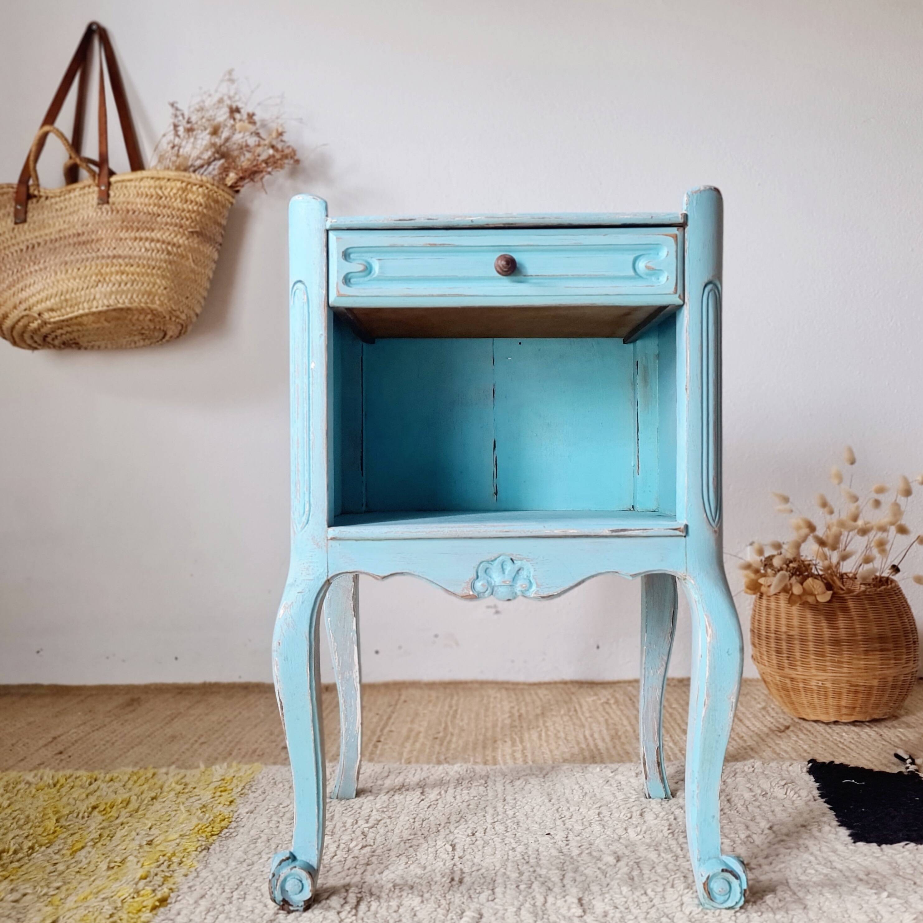 Small vintage bedside table in azure blue patina.
