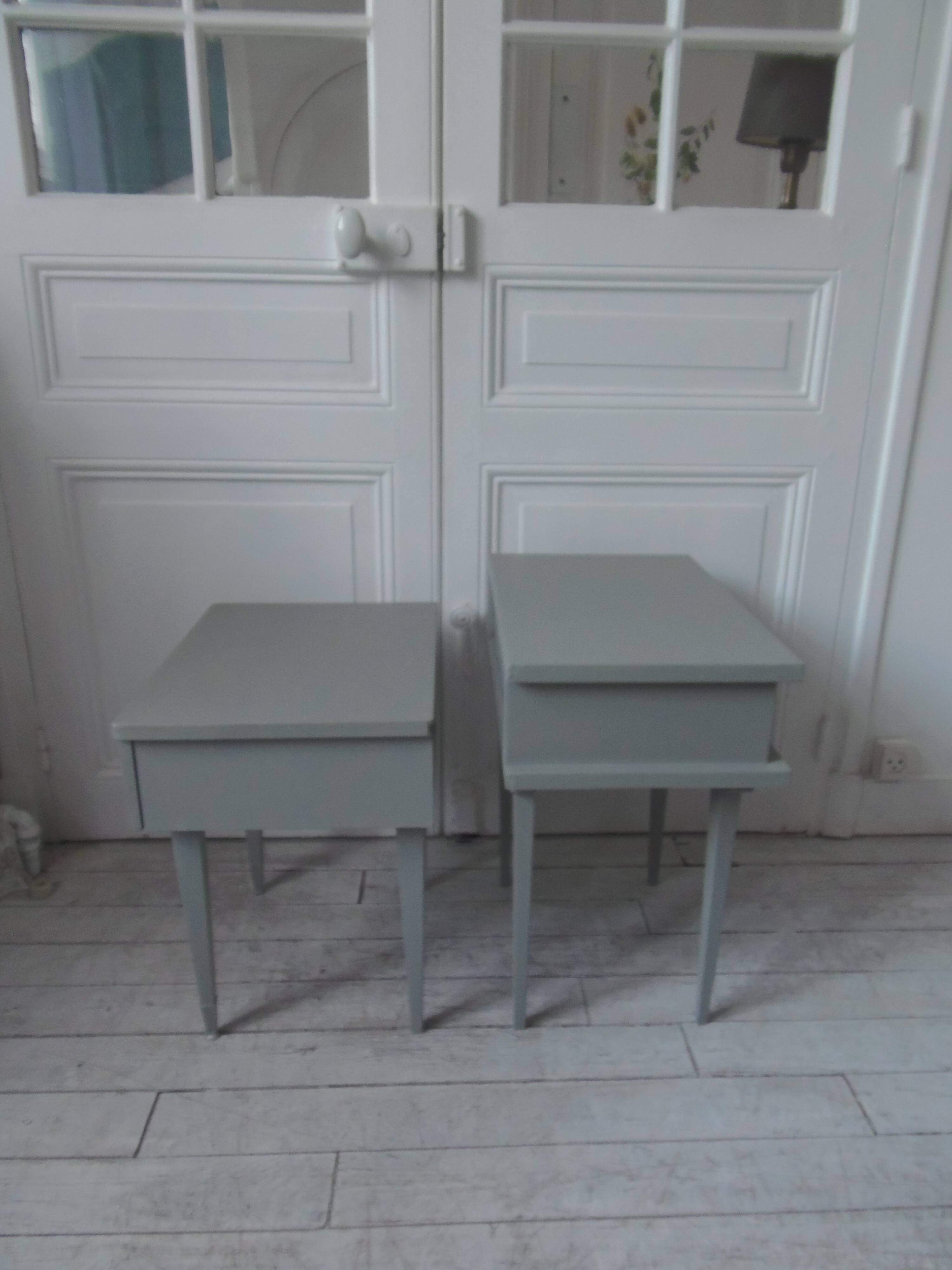 Duo of bedside tables, vintage mismatched verdigris end tables.