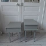 Duo of bedside tables, vintage mismatched verdigris end tables.