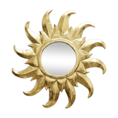 Grand miroir soleil artisanal bois et stuc doré à la feuille d'or années 1970-80
