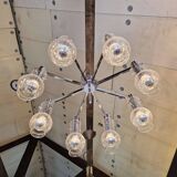 Large ceiling light/chandelier in chromed metal and bubbled blown glass, 1970s
