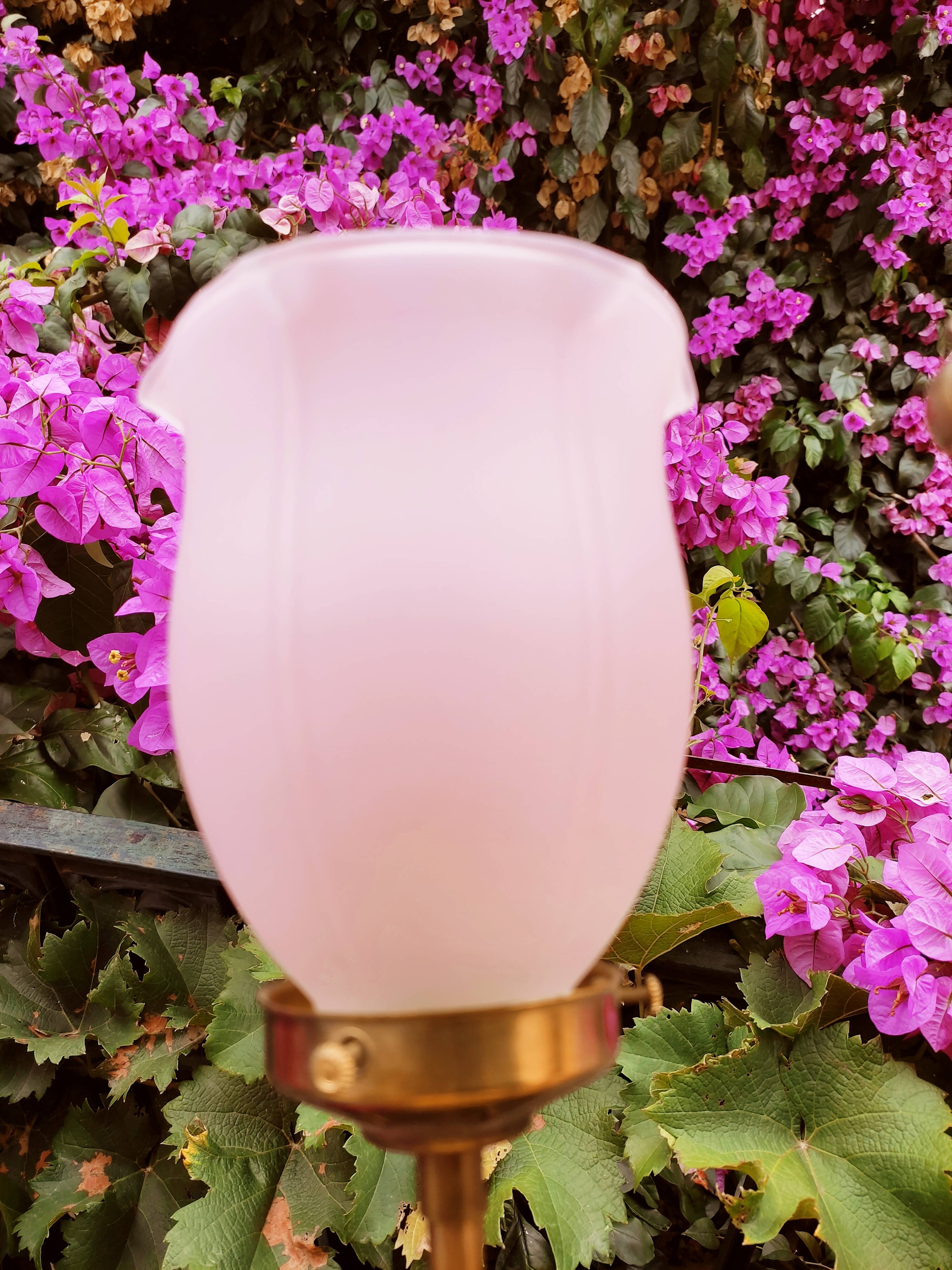 Brass wall lamp with pale pink bell