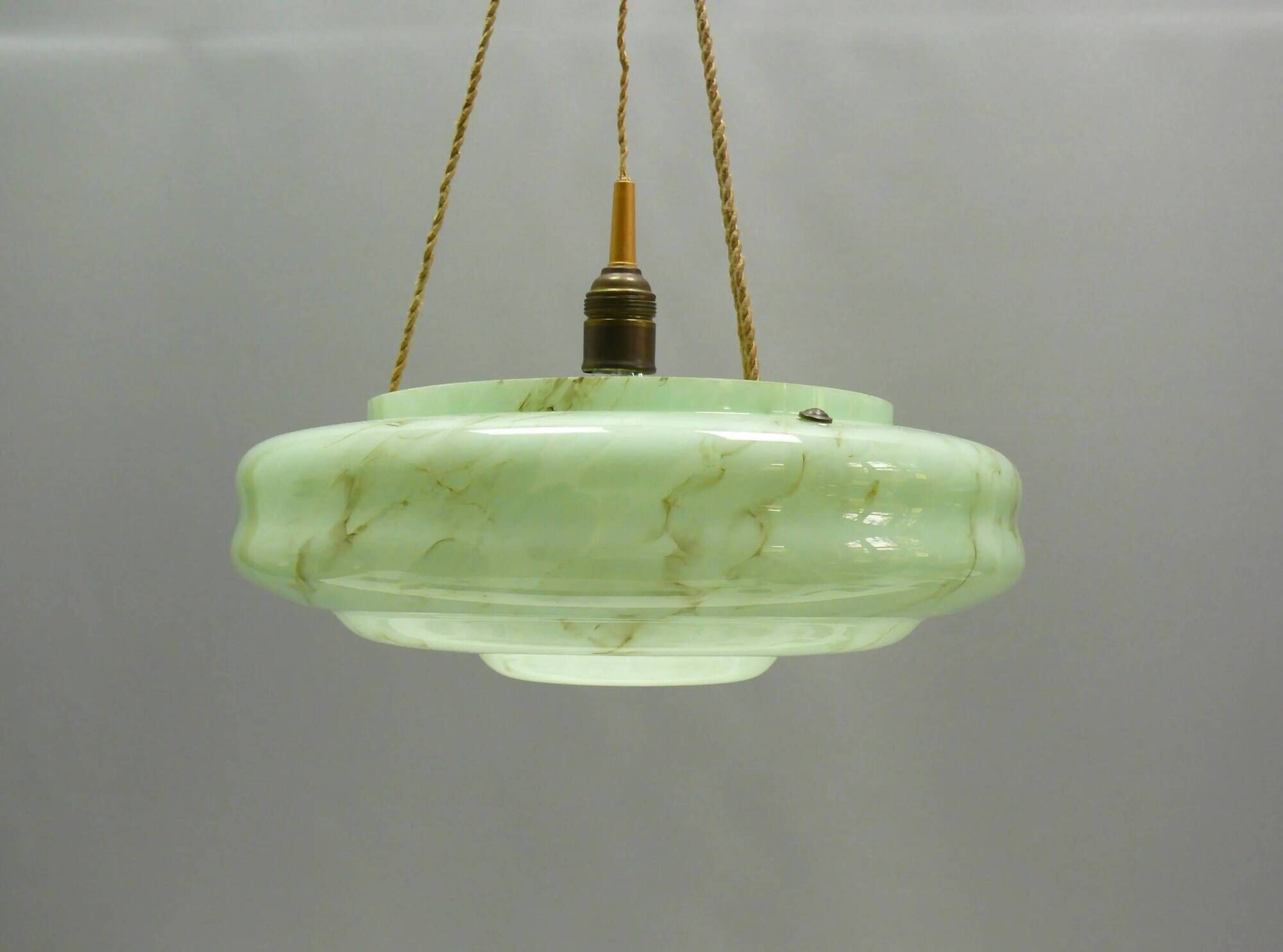 Large Art Deco pendant light in marbled glass with cord suspension, 1920s-1930s