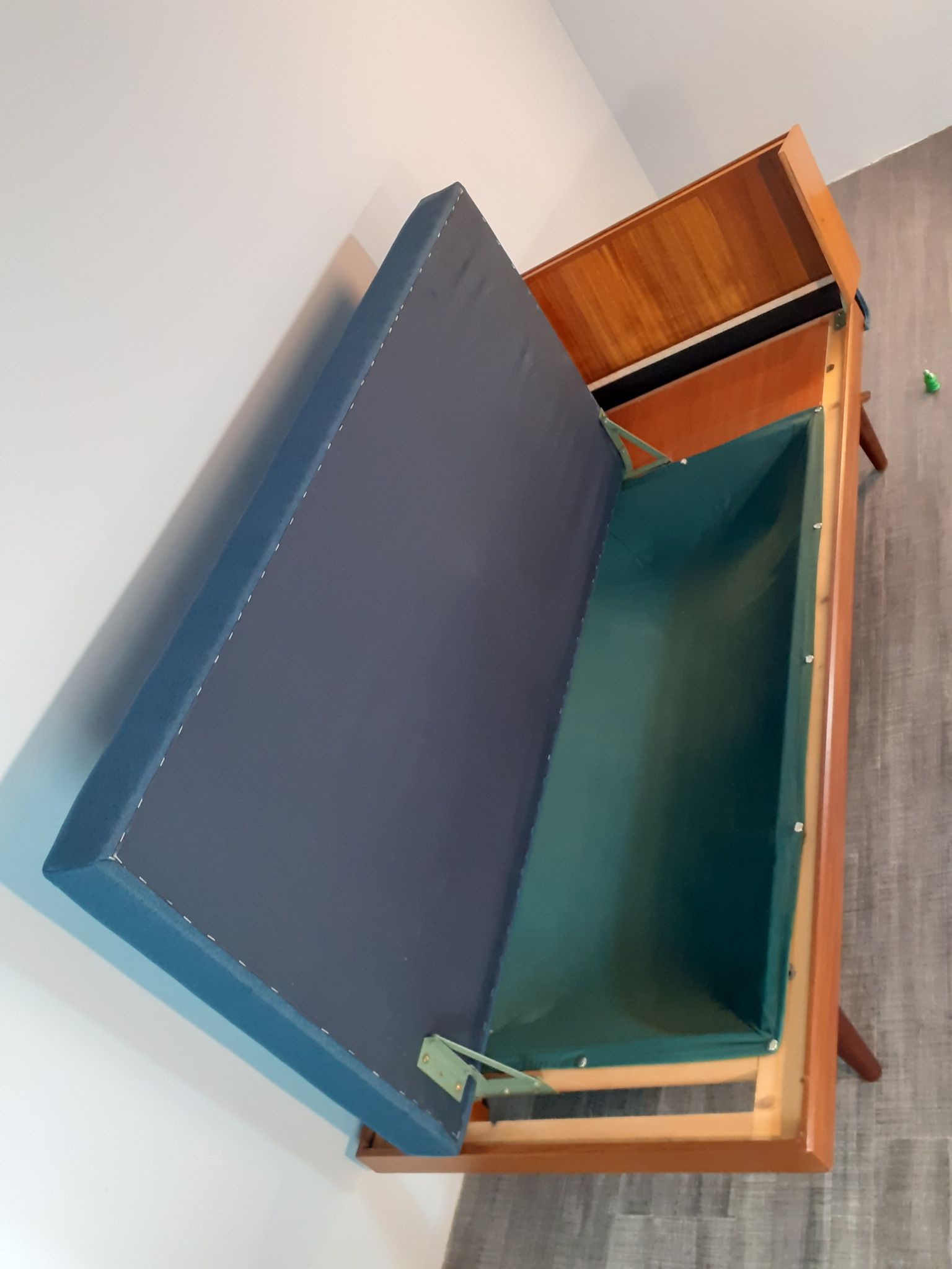 Norwegian daybed sofa in teak and blue fabric, renovated, vintage scandinavian 1960s