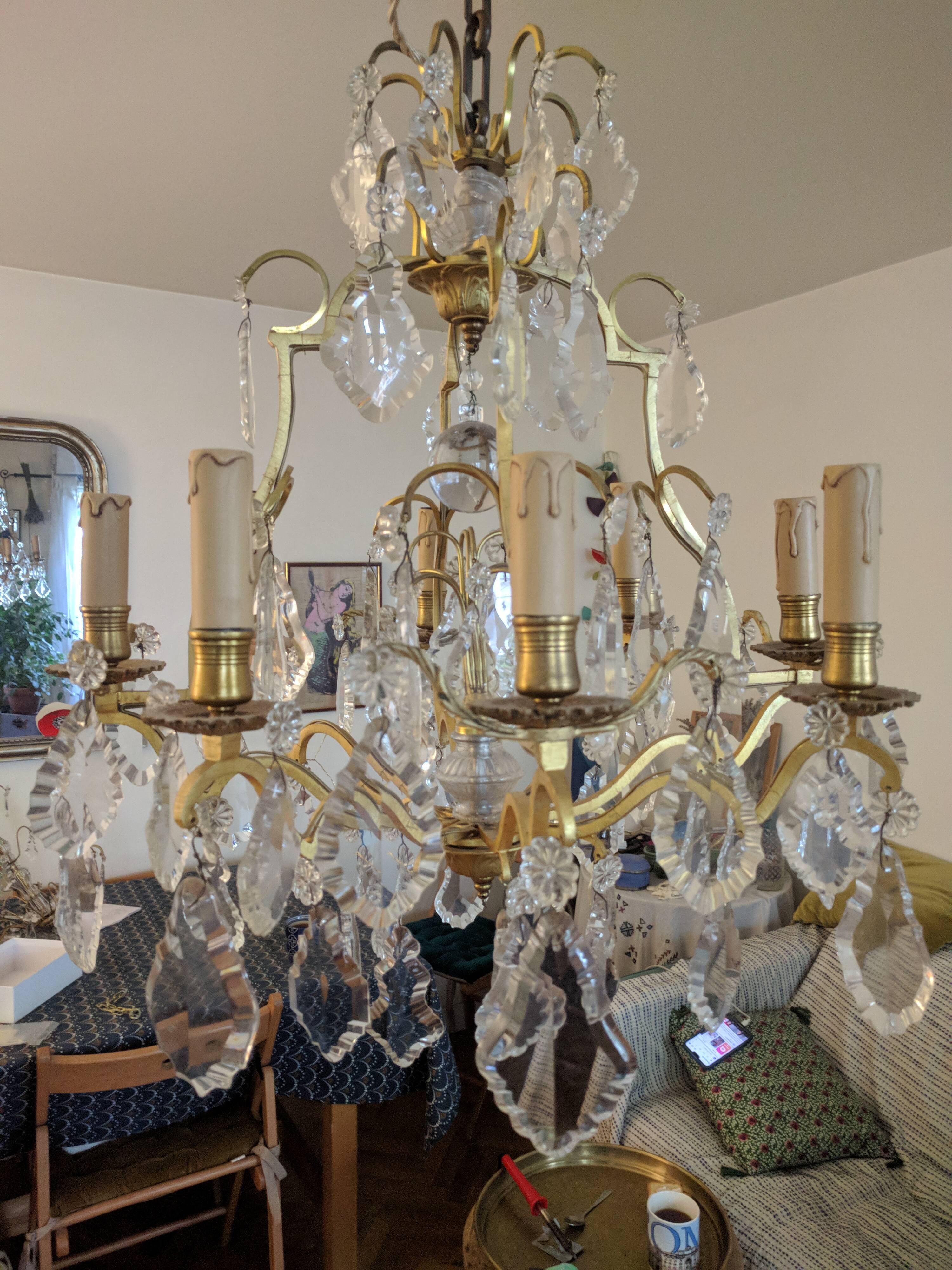 Old chandelier 8 branches bronze and Bohemian crystal late nineteenth
