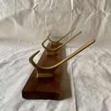 Vintage wooden wall-mounted coat rack with 3 golden cast aluminum hooks
