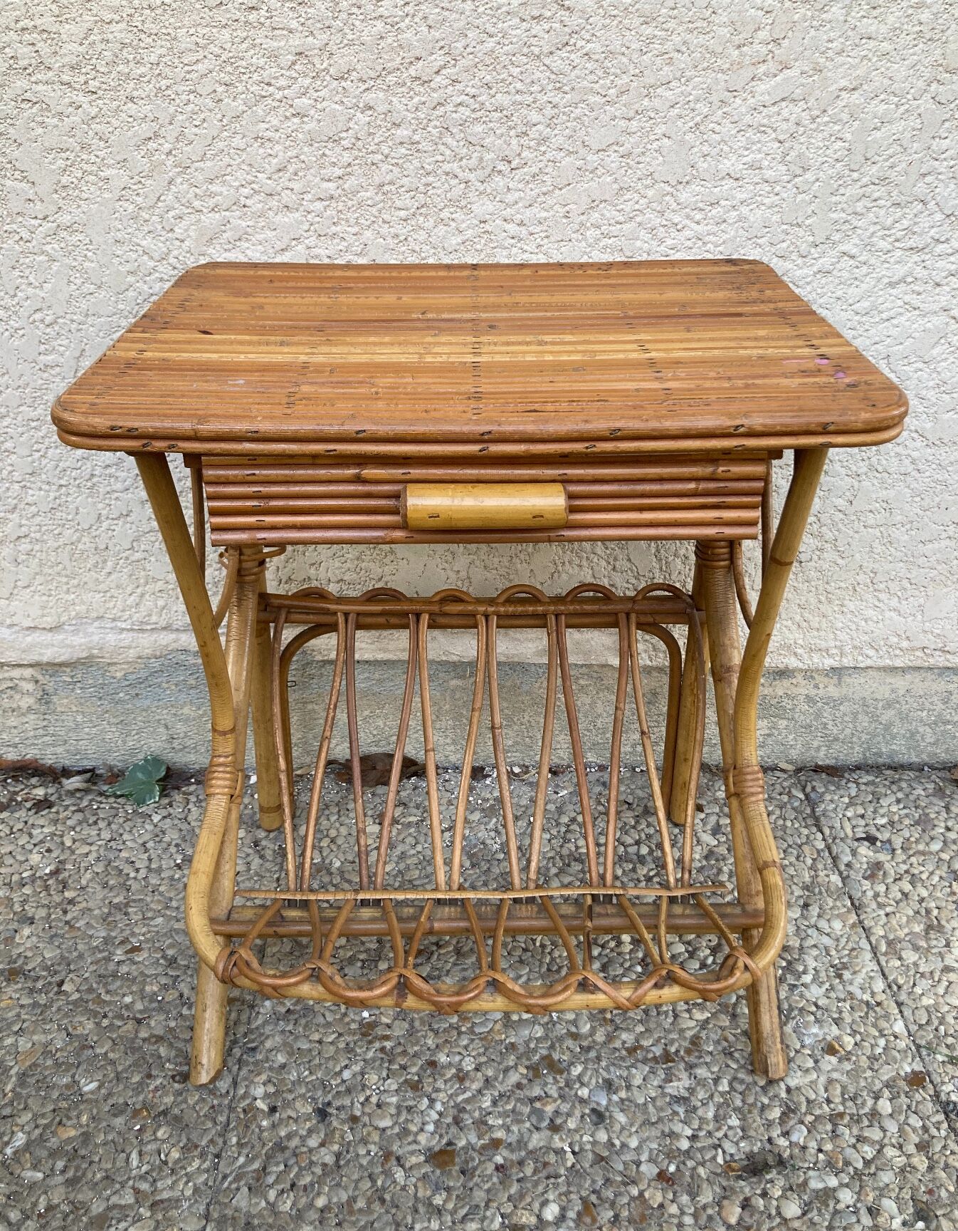 Vintage rattan magazine rack table