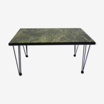 Table basse années 70/vintage plateau marbre vert, pieds métal