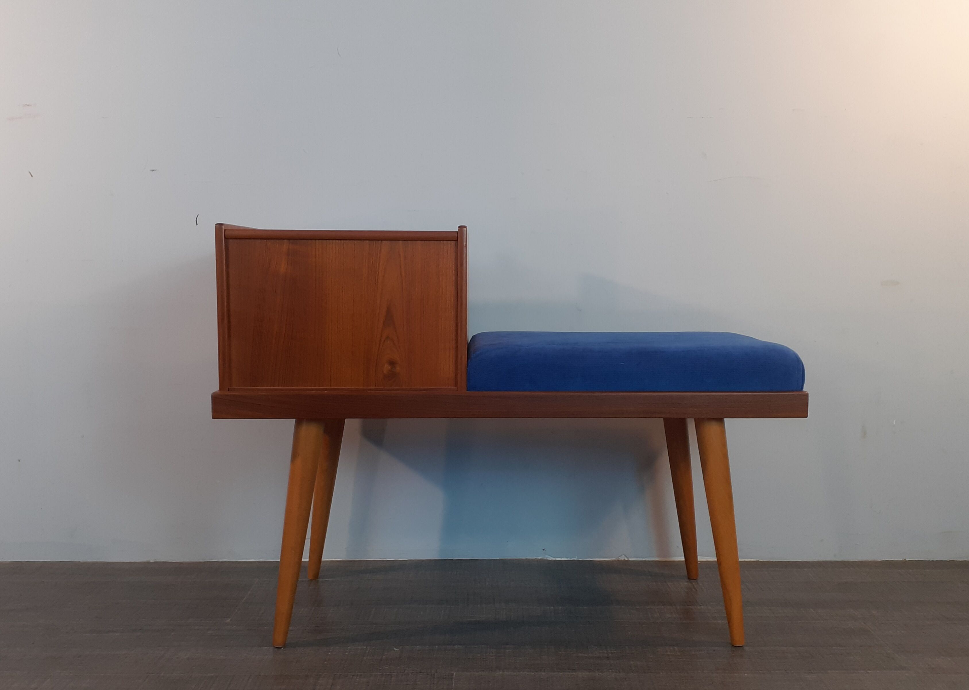 Bench Norwegian Phone Teak and blue fabric, Vintage Scandinavian 1970s