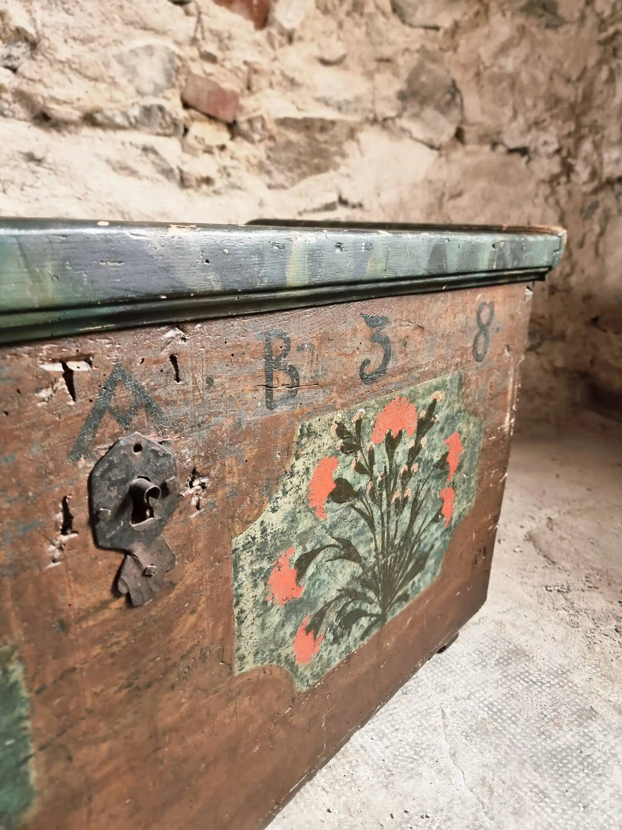 Antique French pine chest – 1838, painted folk art