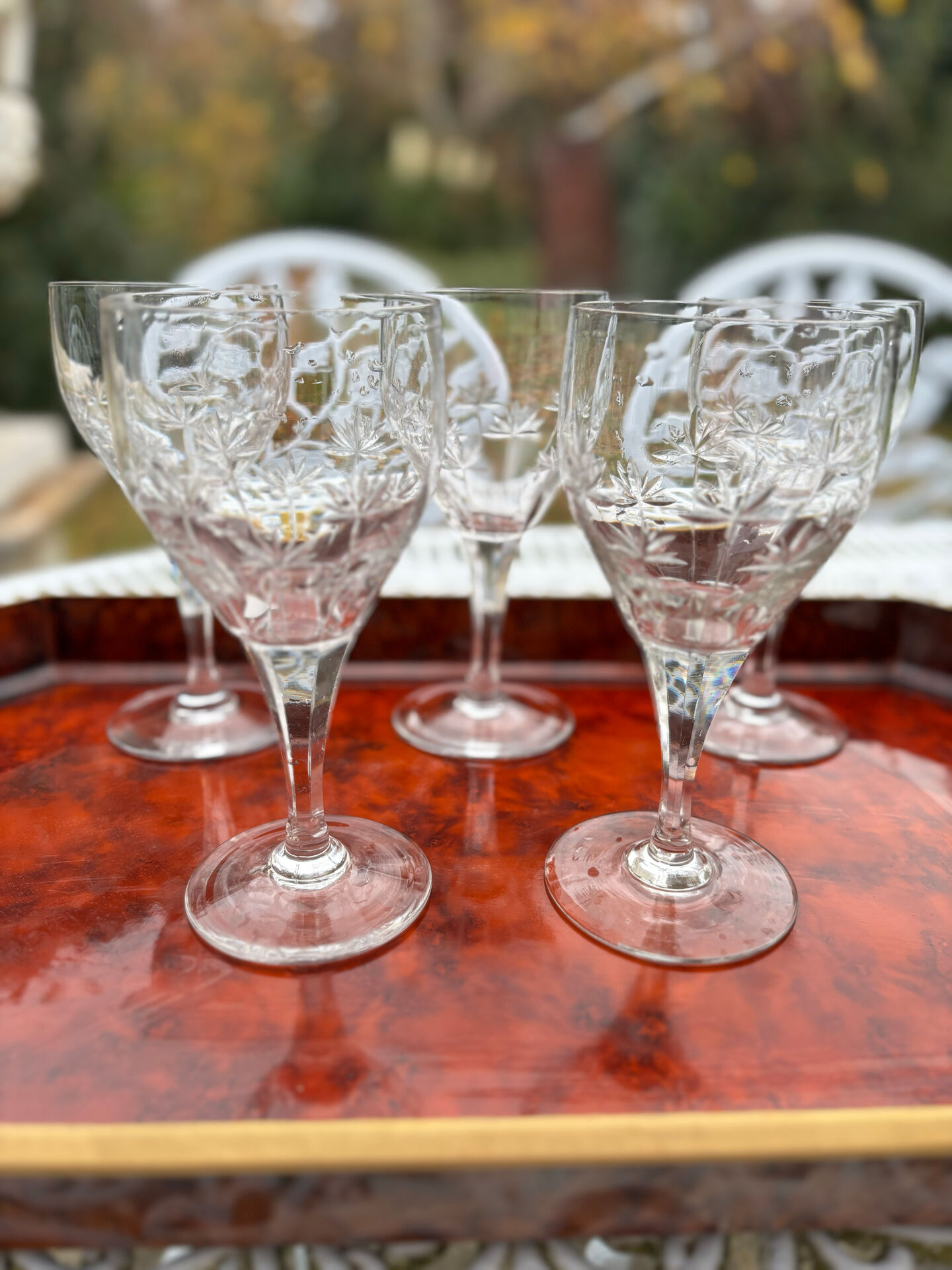 Set of five cut crystal wine glasses