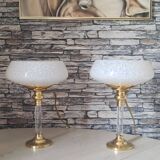 Pair of brass and Clichy glass lamps