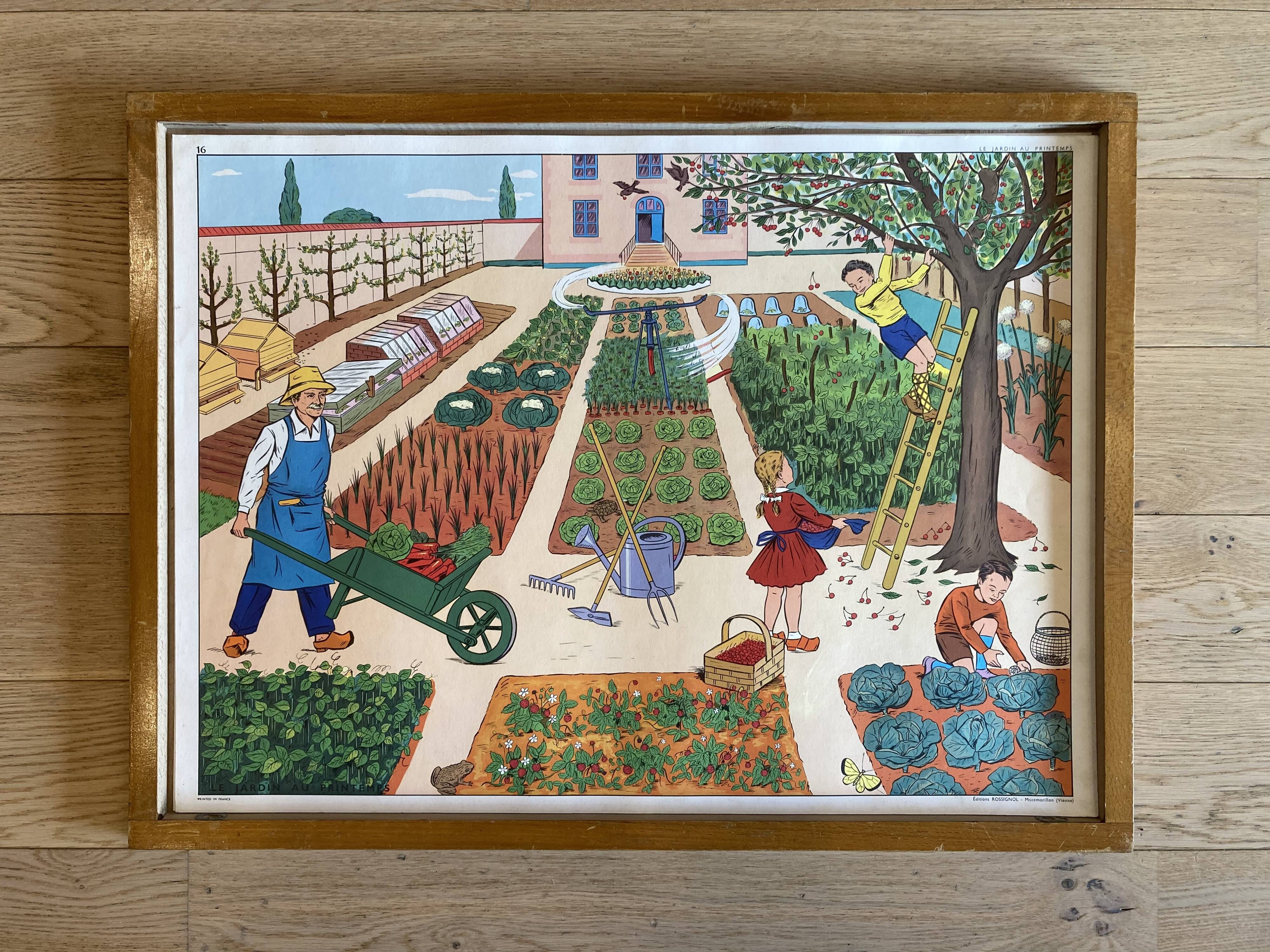 Educational poster elocution Rossignol vintage 60s - at the bus stop and the garden
