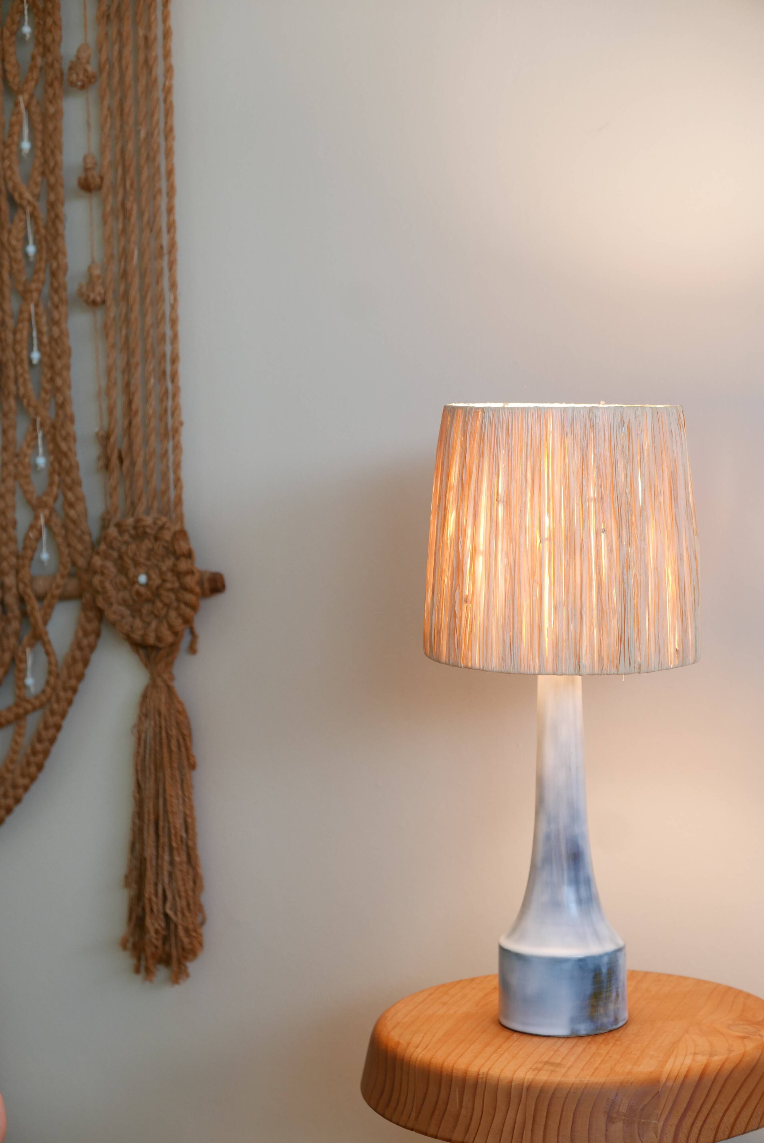 Signed pale blue ceramic lamp, raffia lampshade, 60s