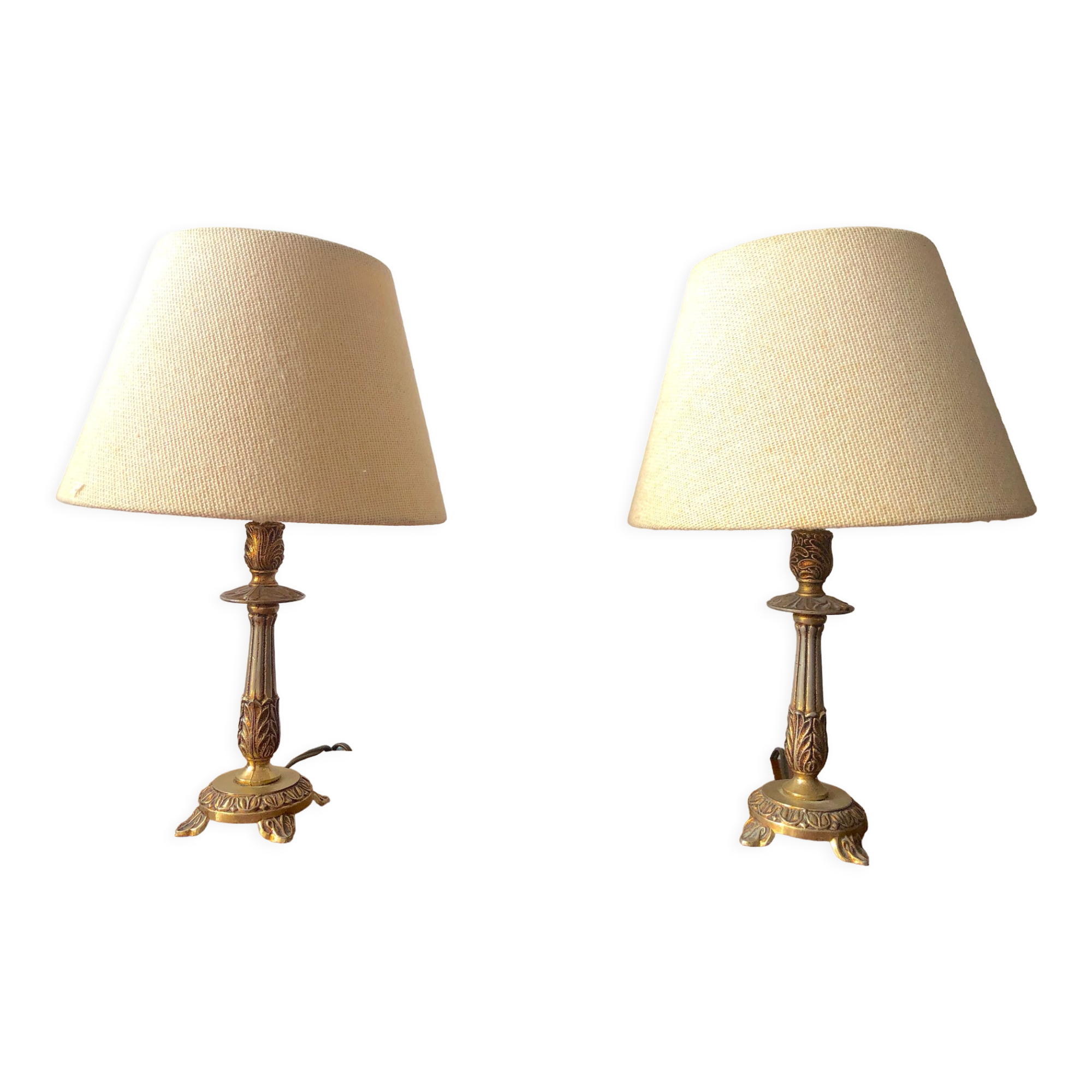 Pair of brass and jute bedside lamps
