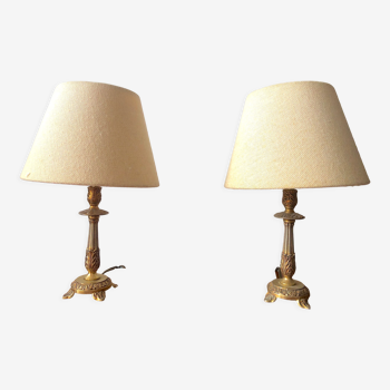 Pair of brass and jute bedside lamps