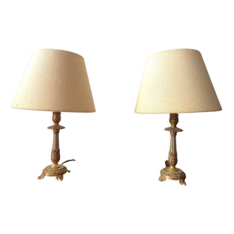 Paire de lampes de chevet en laiton et jute