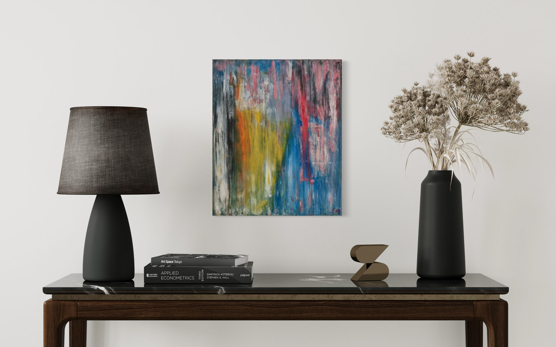 Multicoloured abstract table blue yellow pink 46x38 cm painting signed