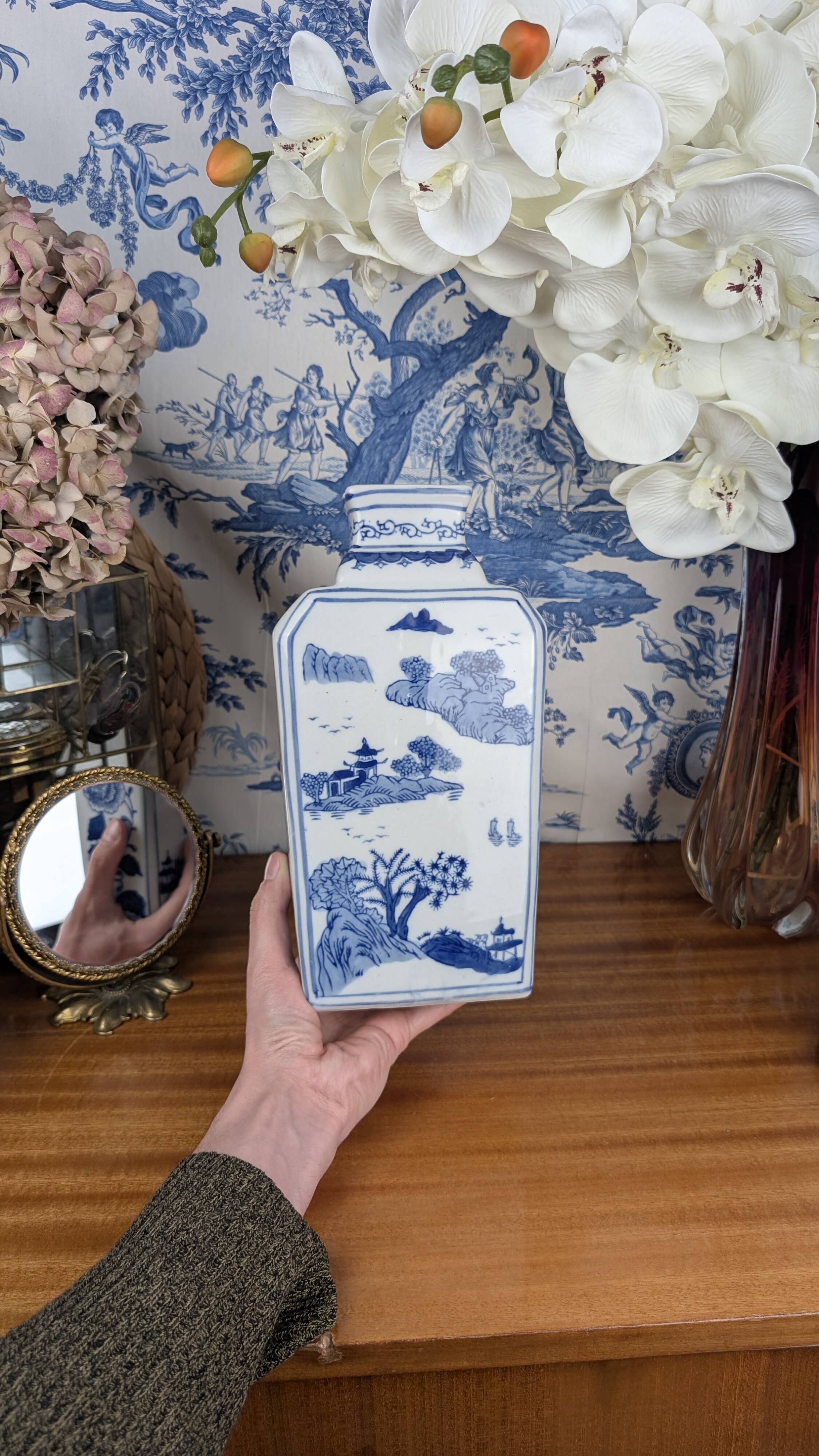 Rectangular Hue Blue Vase Vietnamese Landscape Decor 20th Century