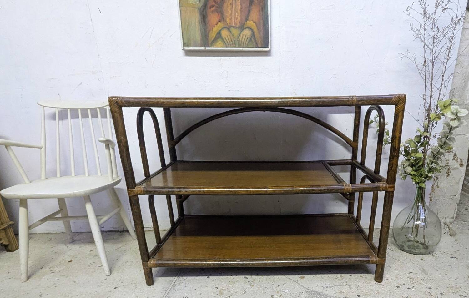 Large rattan console shelf/side table/TV/hi-fi unit