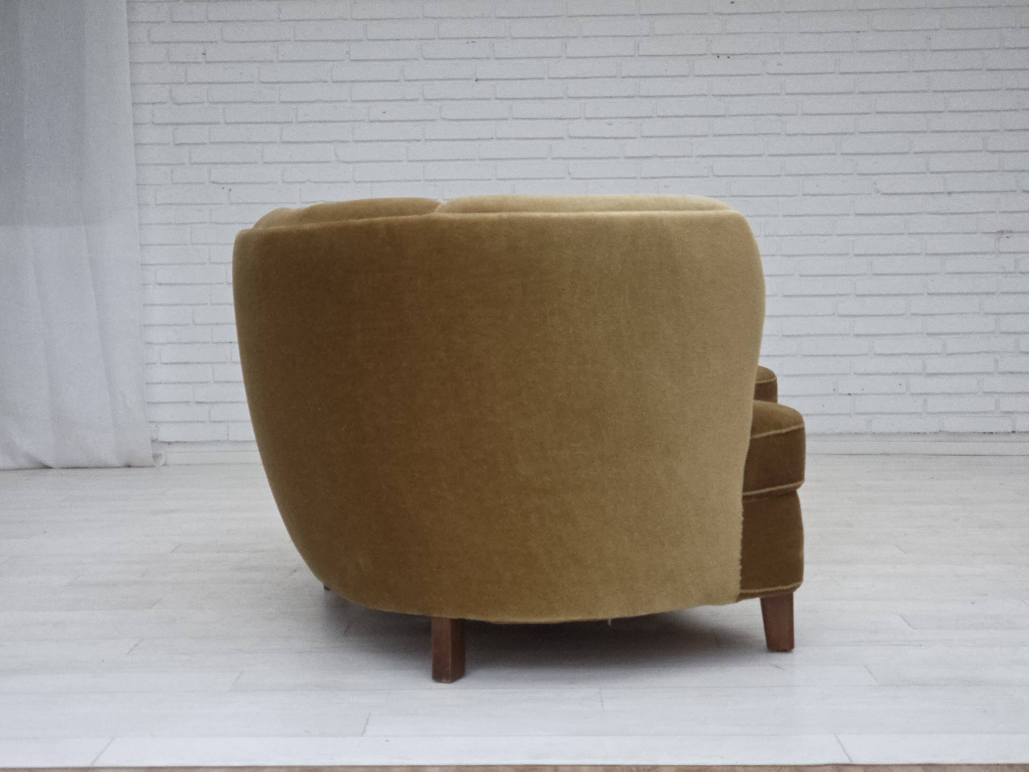 1960s, 3-seater Danish "Banan" sofa, original olive/green furniture velour.