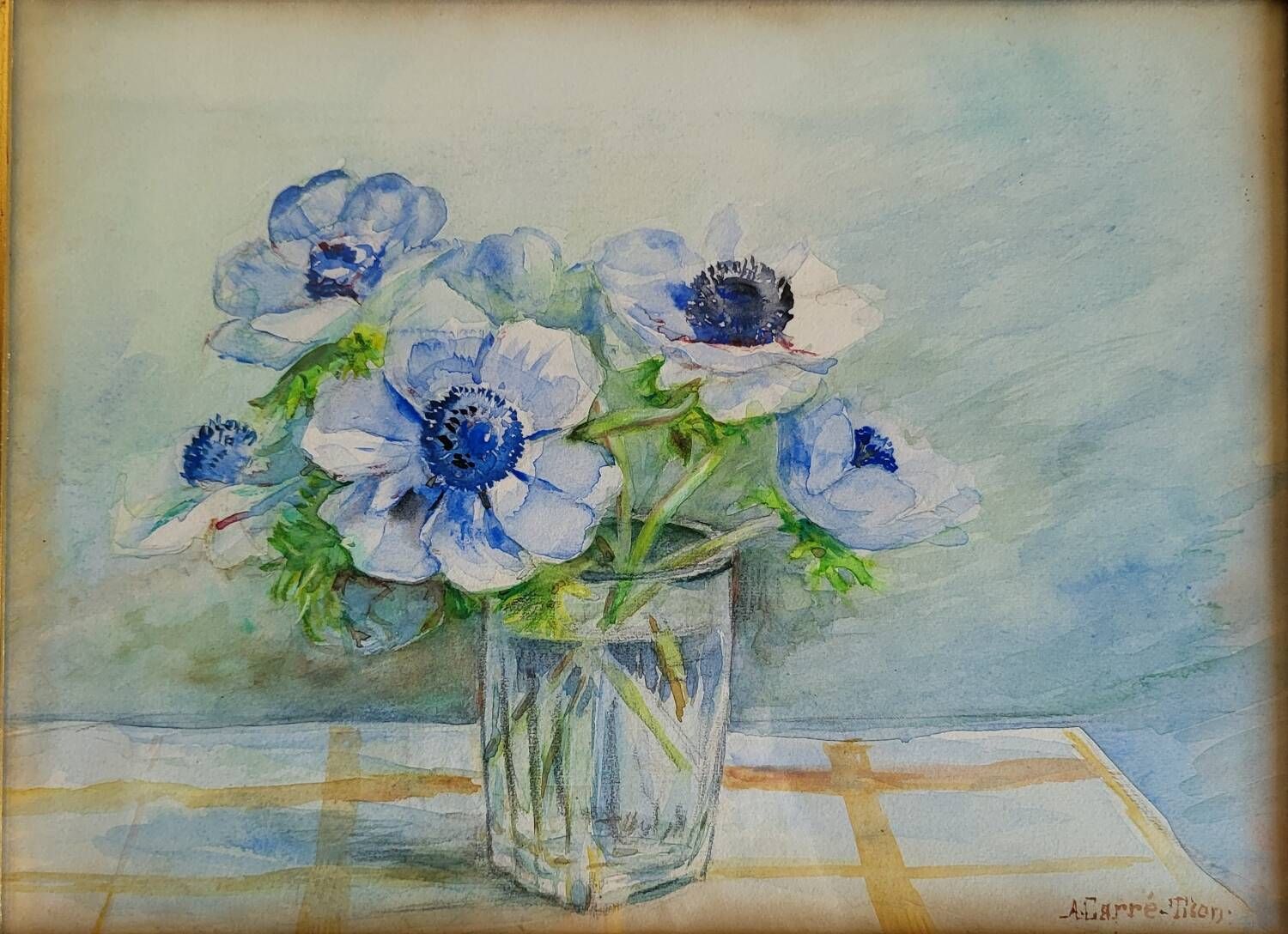20th-century watercolor painting signed Carré-Tison, Bouquet of blue flowers