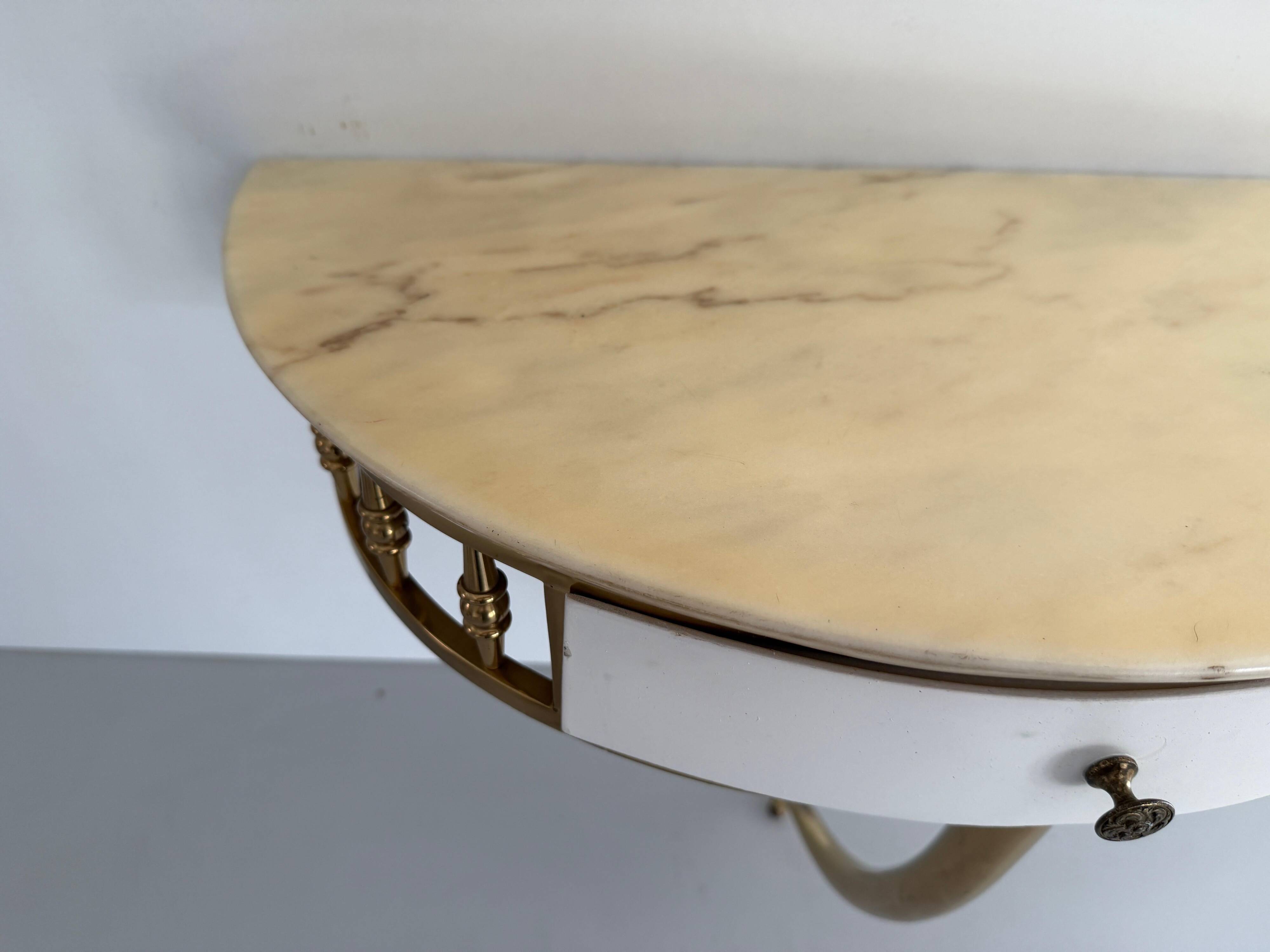 Floating wall console with drawer, brass body and marble top, 1960s, Italy