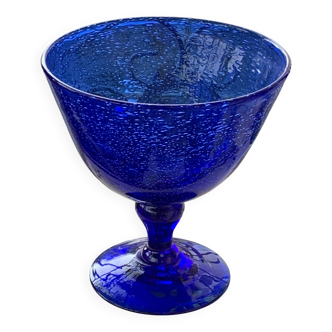 Blue blown and bubble glass footed bowl, Biot glassworks
