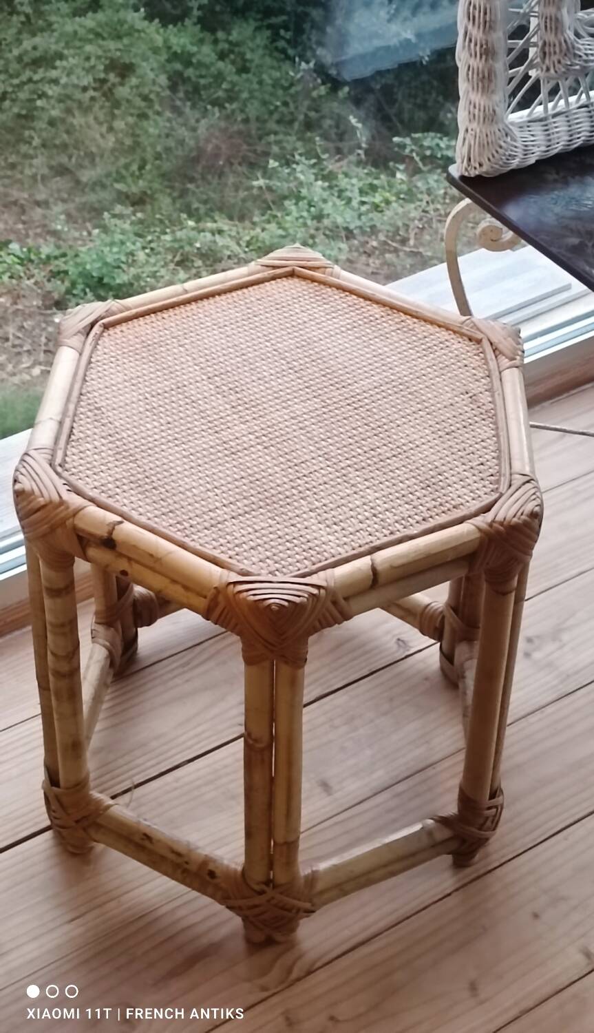 Vintage side table in rattan and bamboo, France, hexagonal.