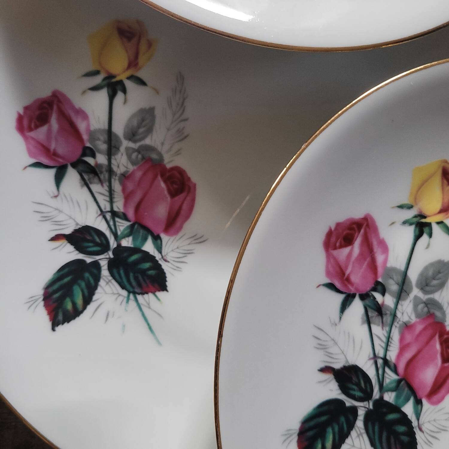 P.L. France porcelain dinner plates with roses — 1950s-60s