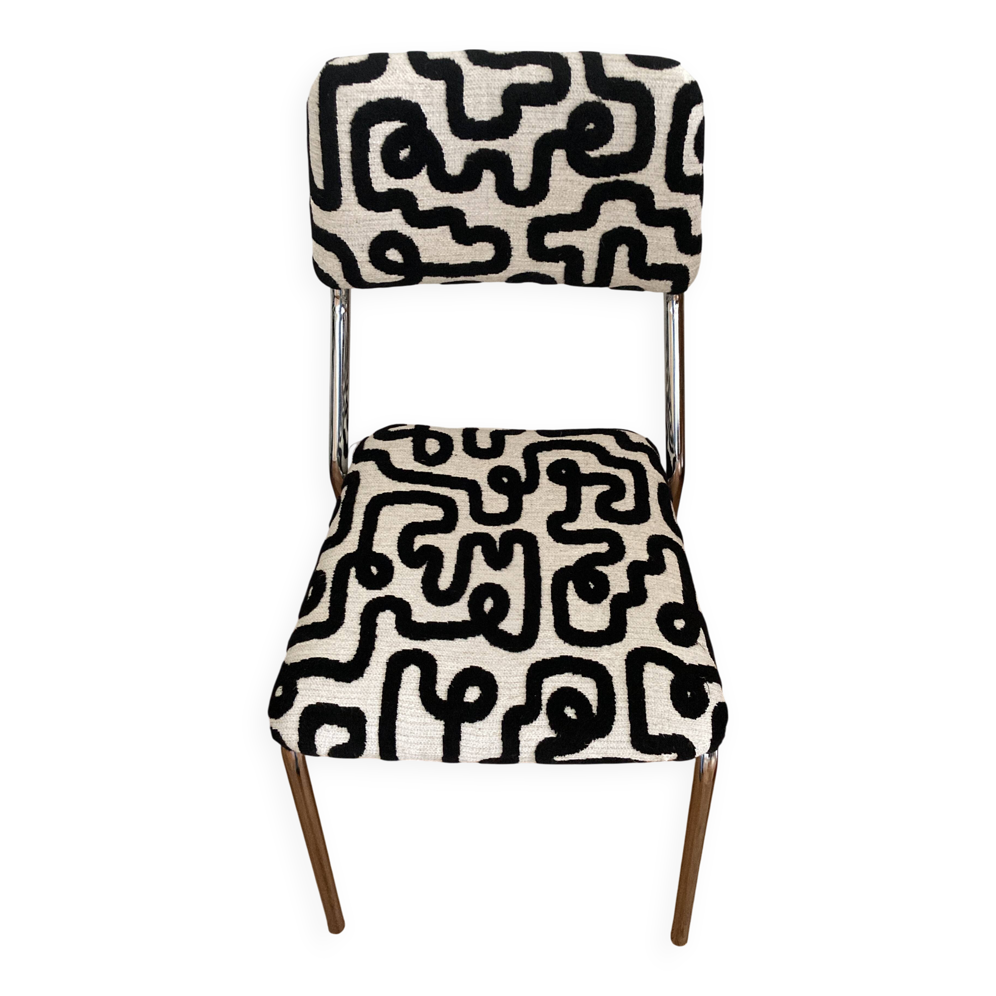 Chaise vintage chromée & tissus graphique - pièce unique