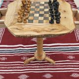 Rustic handmade chess table made of natural olive wood