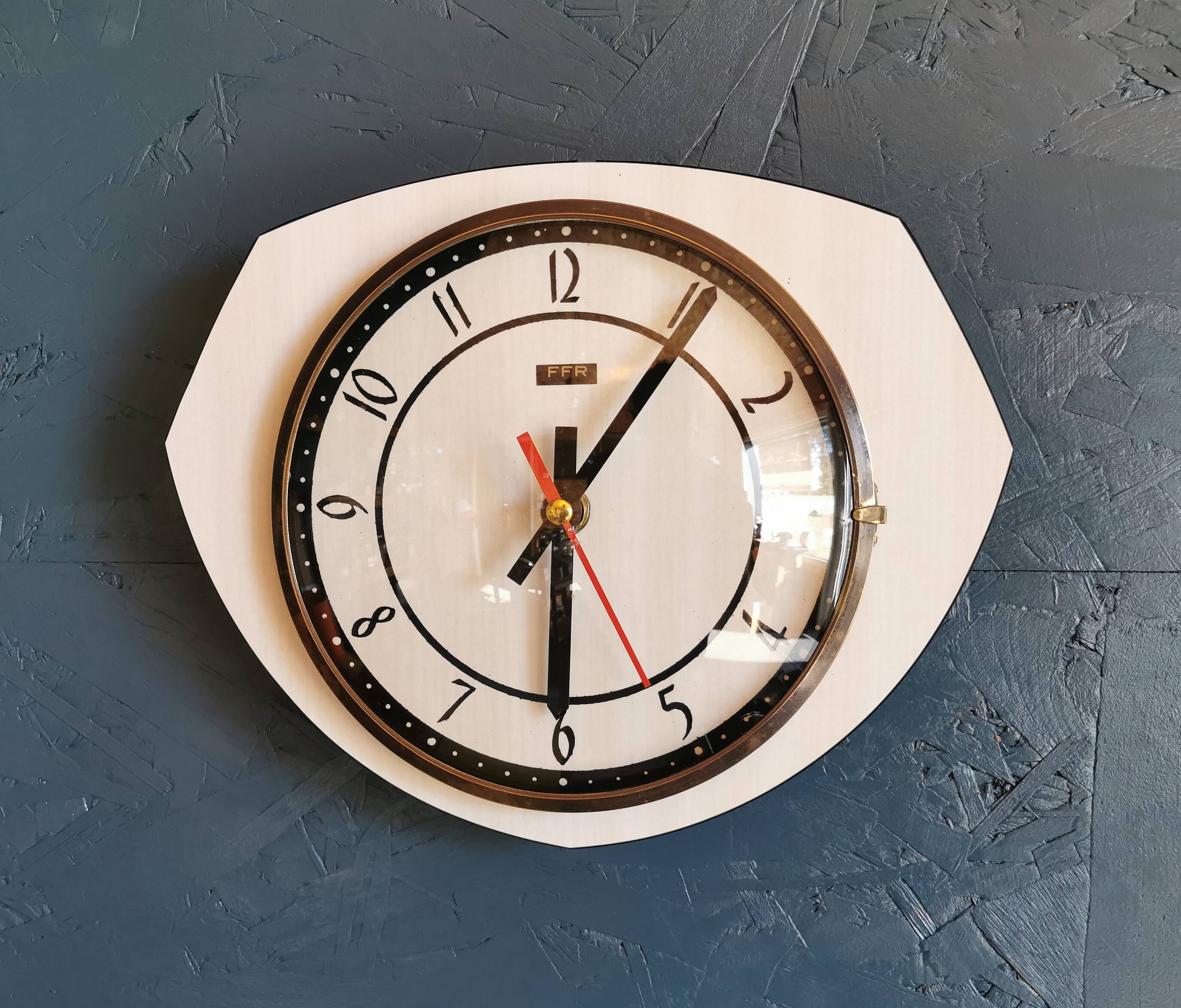 Vintage formica clock octagonal silent wall pendulum "FFR black white ash"