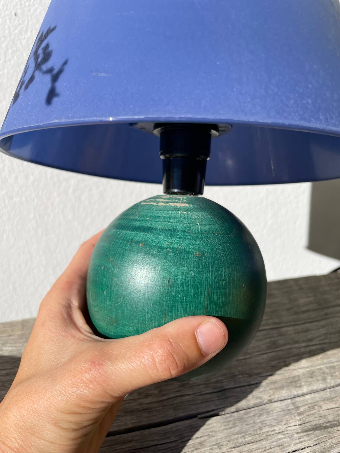 Pair of green and blue wooden ball lamps