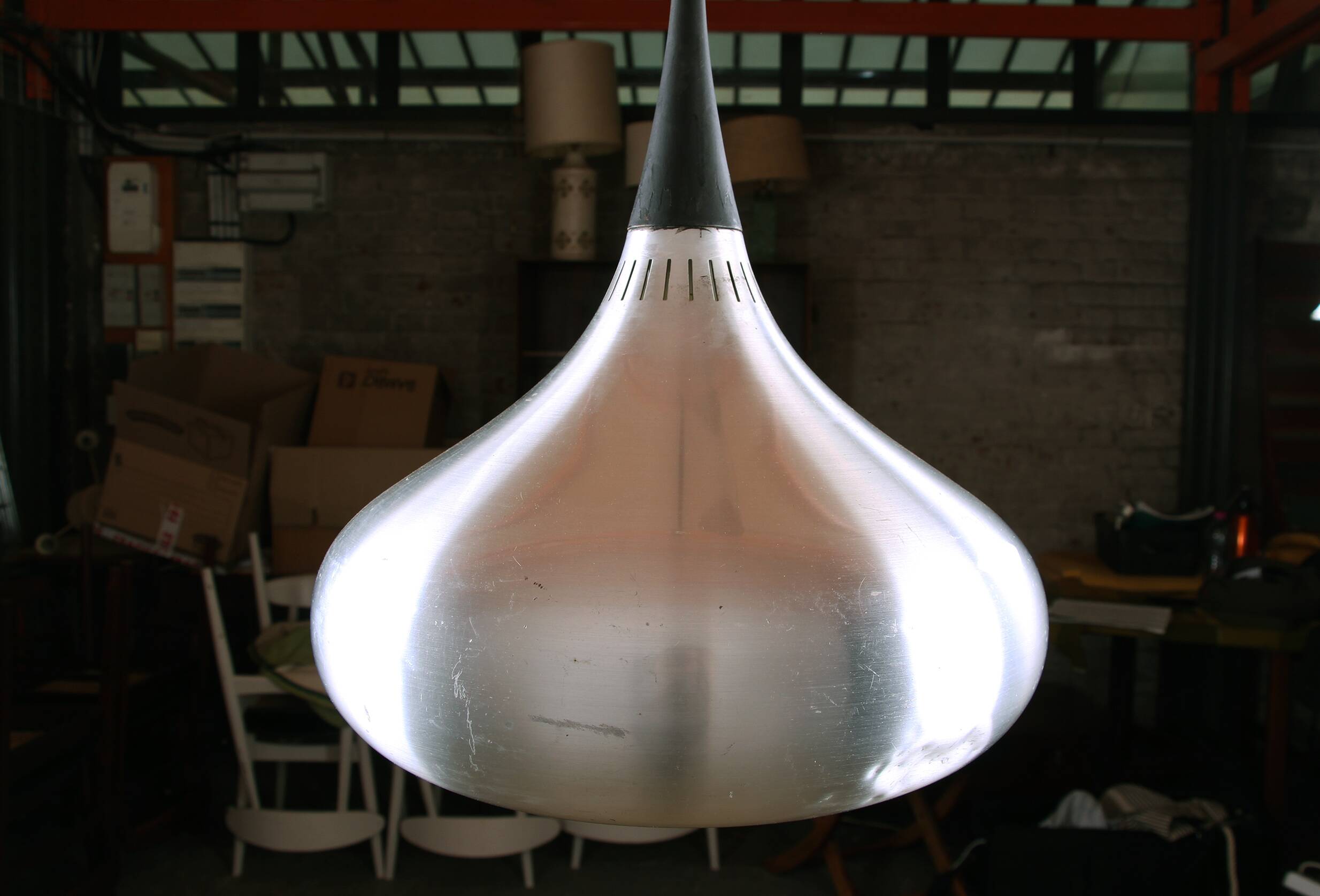 Large Danish pendant light in chrome metal, orient model by Jo Hammerborg for Fog & Morup 1960.