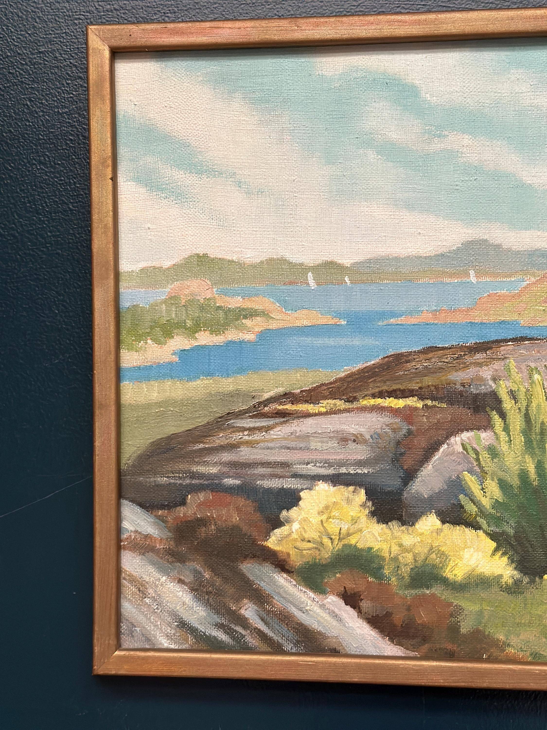 Huile sur toile originale suédoise – “Côte” par R, 1979 – Vintage et encadrée – 50 × 42 cm (19,7" × 16,5")