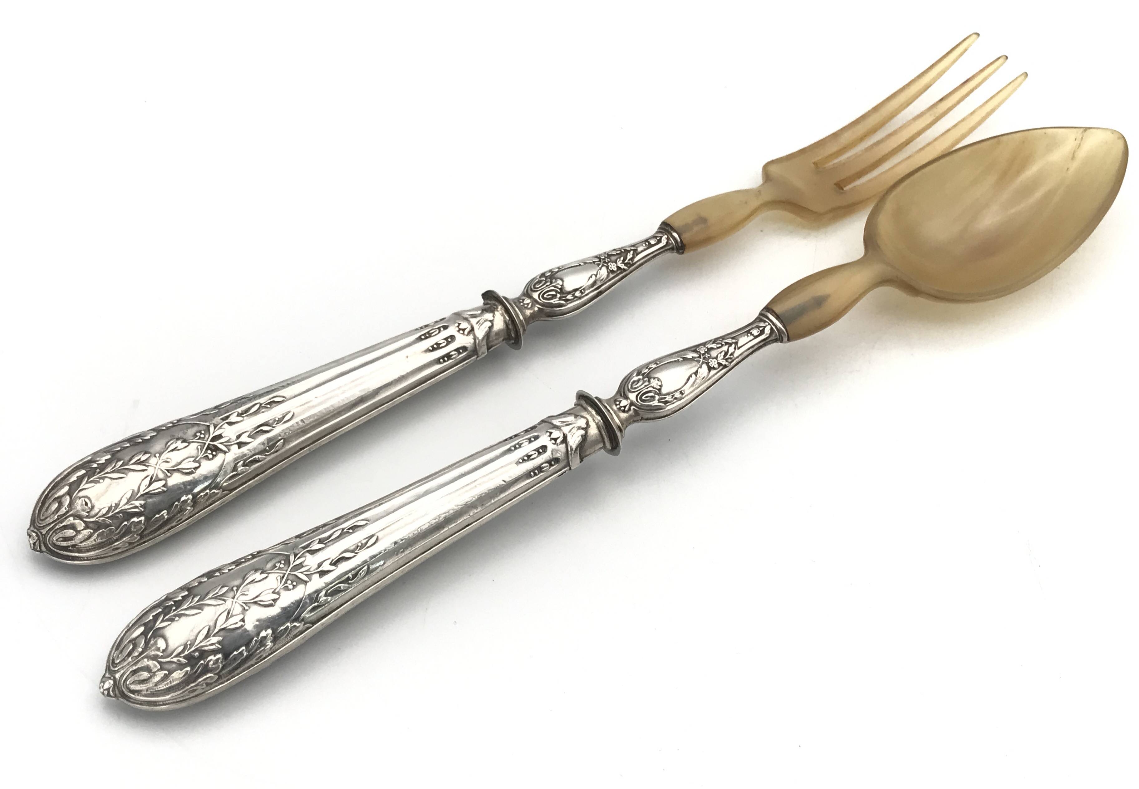 Serving cutlery, salad cutlery, in filled silver, minerva hallmarks