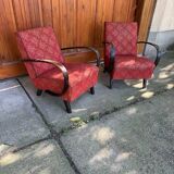 Pair of Art Deco burgundy armchairs in curved wood and fabric by Jindrich Halabala (1930s)