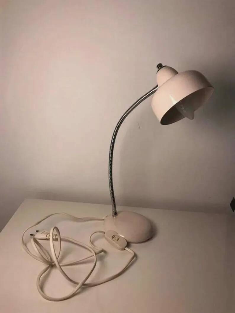 Vintage 1960s Desk Lamp White Metal | Flexible Articulated Swan Neck Light Industrial Mid-Century Design Living Room