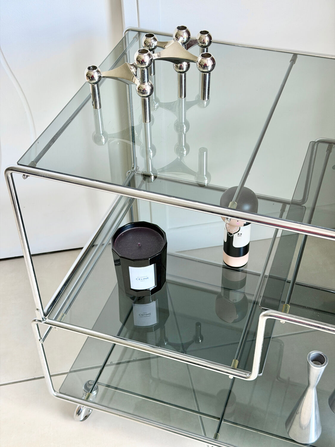 Coffee table / chrome and smoked glass by Max Sauze