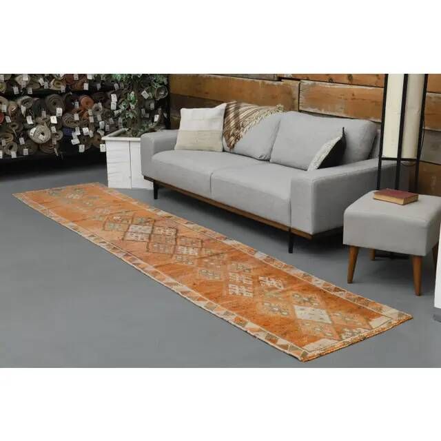 Vintage Turkish hand-knotted wool cotton orange runner rug 83x388