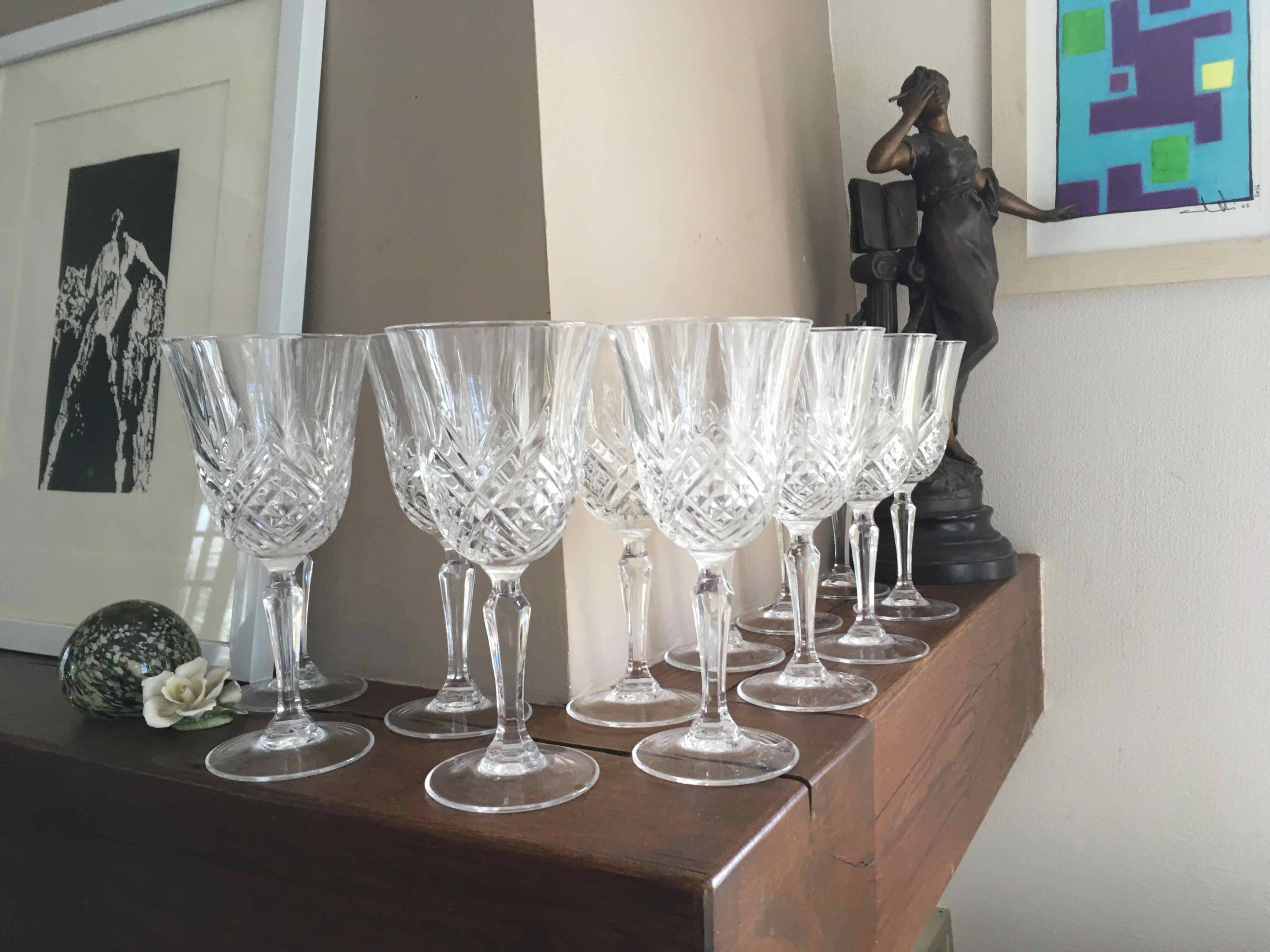 12 large cut crystal wine glasses
