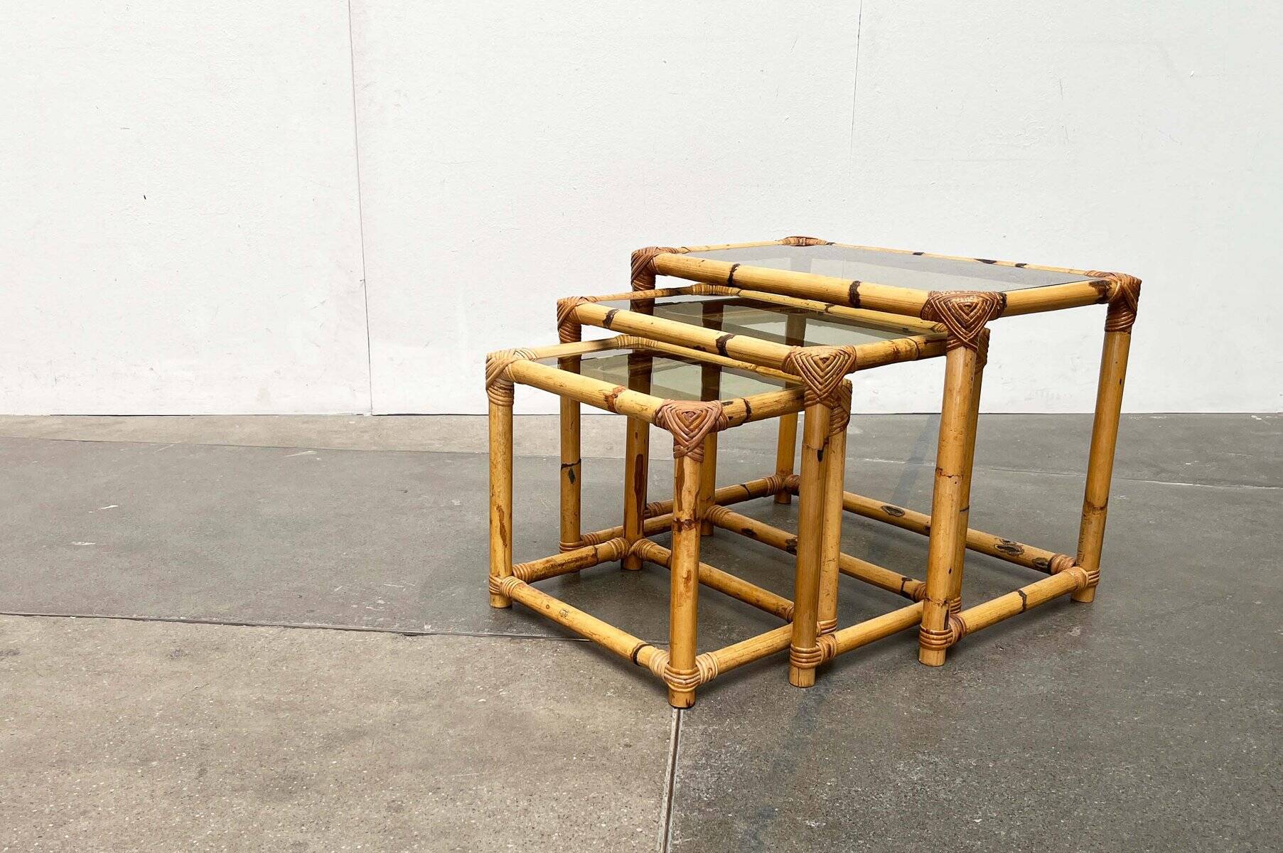 Nest of bamboo and glass tables in mid-century style, 1960s, set of 3.