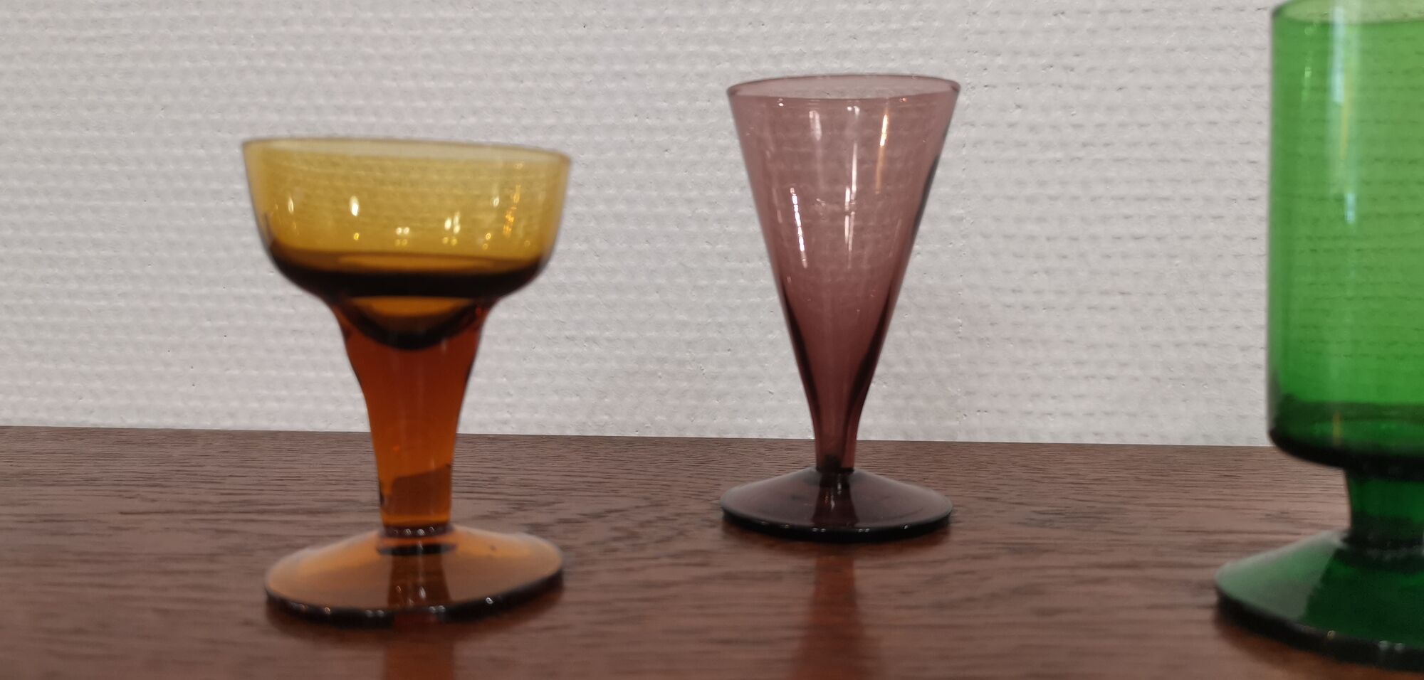 Set of 6 old liquor glasses on mismatched feet