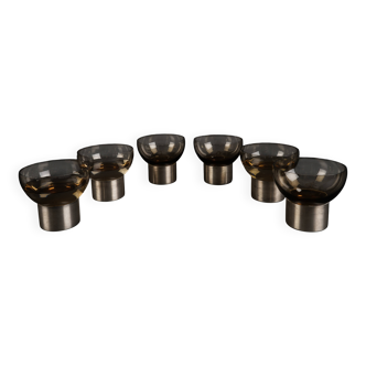 Set of six 1970s amber glass glasses mounted on brushed metal