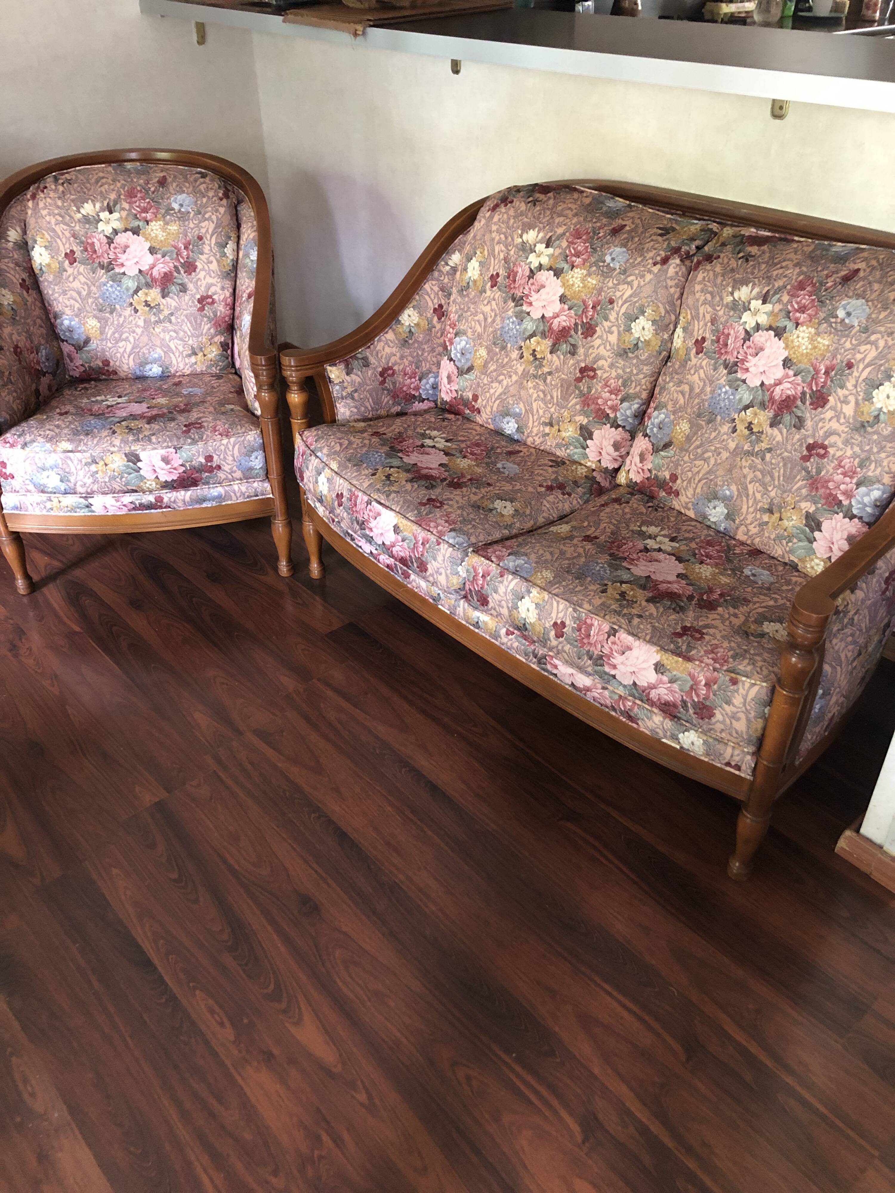 Lot of vintage sofa and armchair with floral patterns.