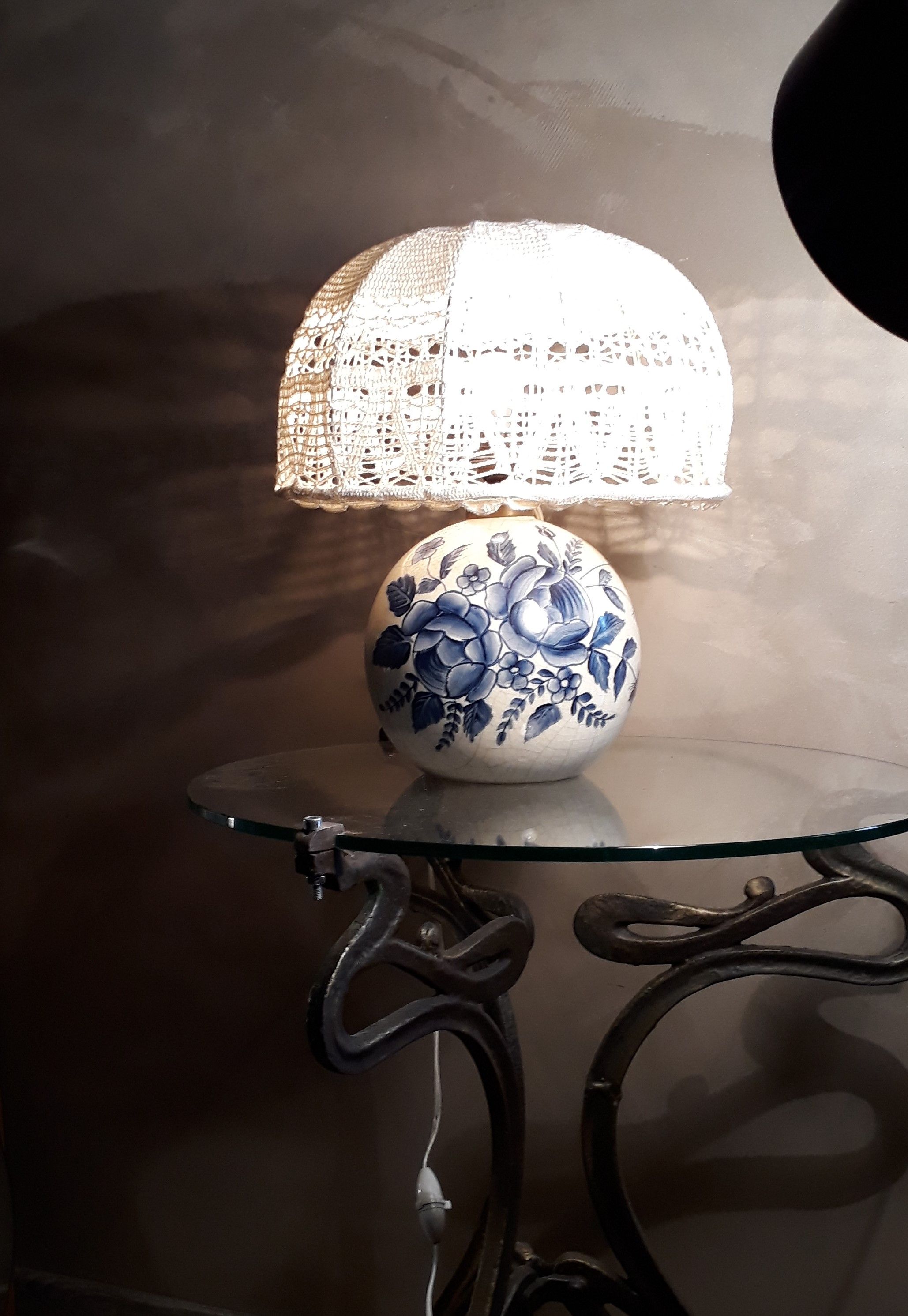 Hand-painted porcelain lamp varnish and crack, crochet-made lampshade, h 48x30cm
