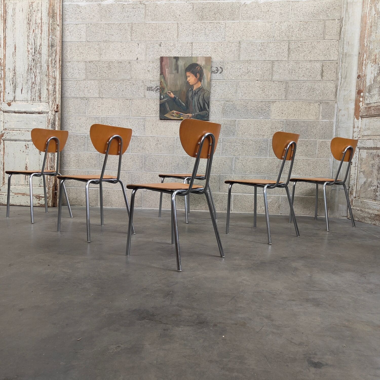 Lot de 6 chaises type ecole chrome et bois 1970